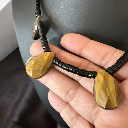 Coffee Brown Tigers Eye Black Onyx Sterling Silver Pendant Necklace 20" 18356