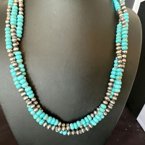 Navajo Pearls Blue Turquoise Necklace 3-Strand Sterling Silver 16305