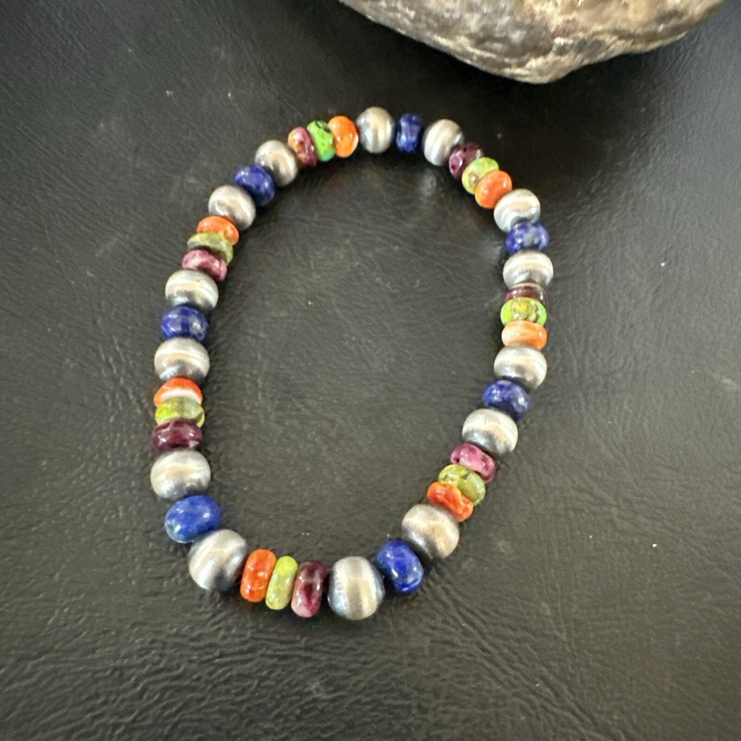 Multicolor Lapis Turquoise Stretch Bead Bracelet Navajo Sterling Silver 17907
