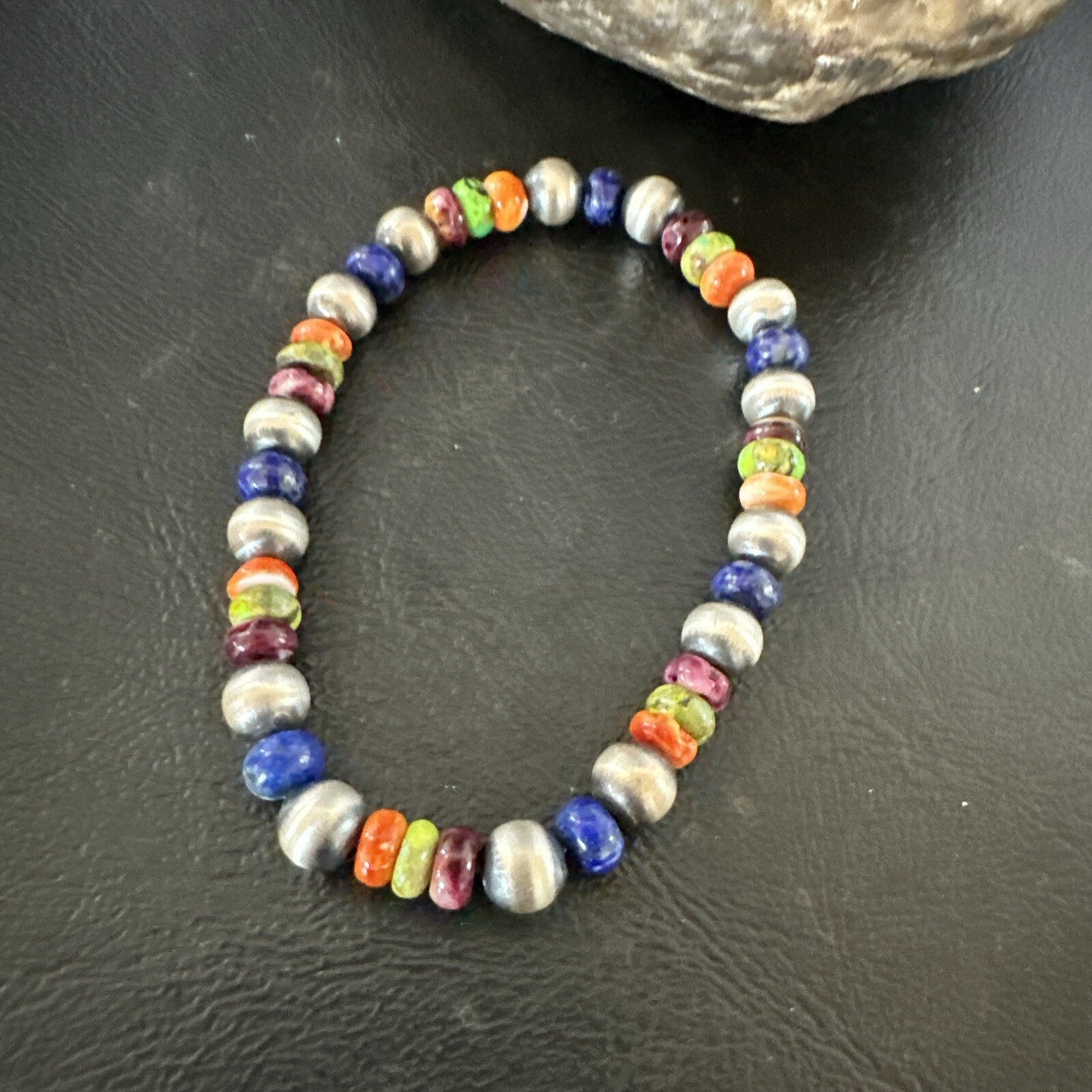 Multicolor Lapis Turquoise Stretch Bead Bracelet Navajo Sterling Silver 17907