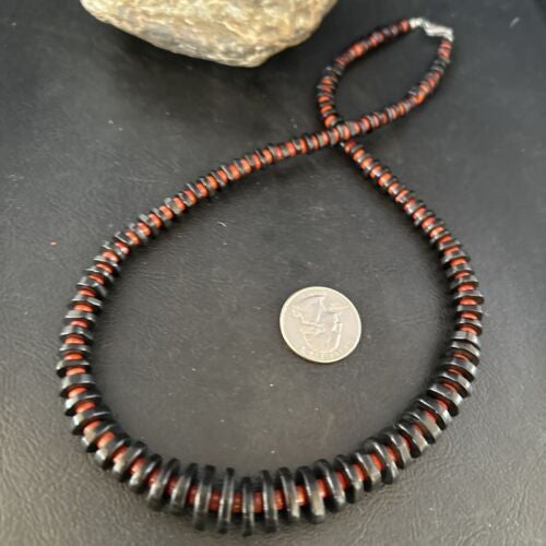 Navajo Bamboo Coral Black Onyx Necklace Sterling Silver 20" 14432