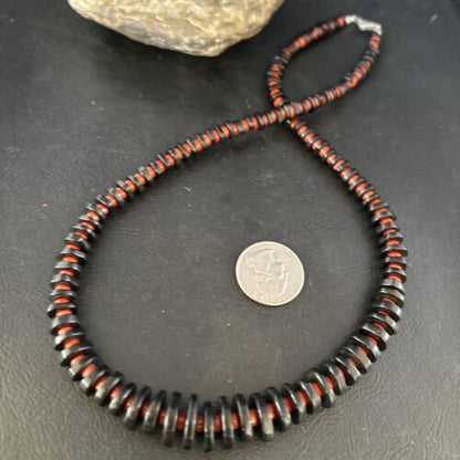 Navajo Bamboo Coral Black Onyx Necklace Sterling Silver 20" 14432