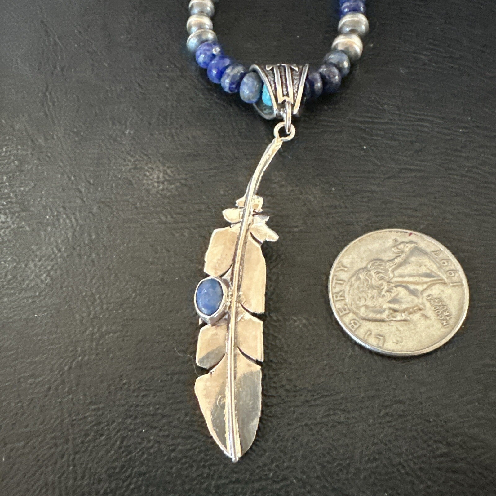 Blue Turquoise Lapis Feather Pendant Navajo Sterling Silver Necklace 21” 17789