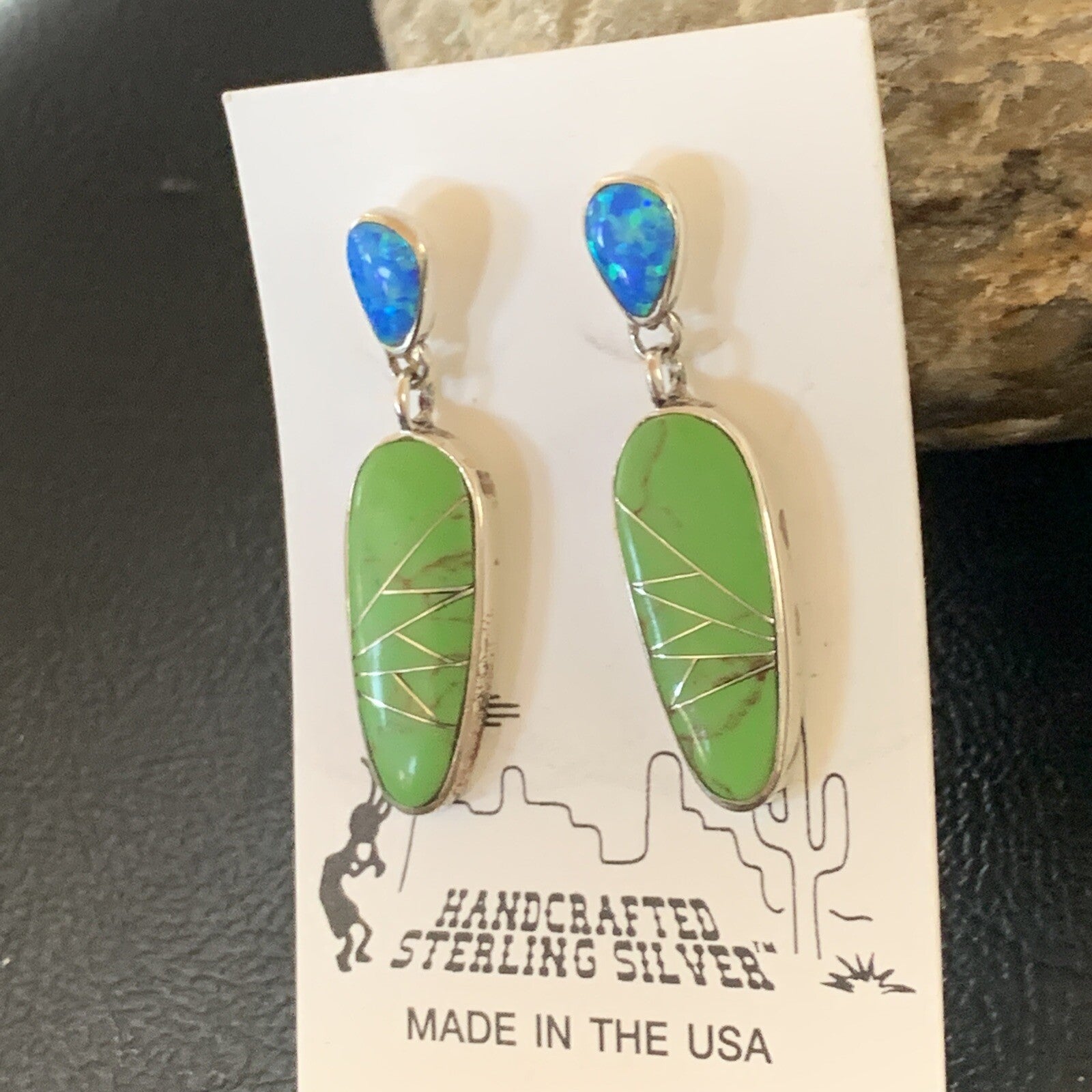Green Gaspeite Opal Navajo Sterling Silver Inlay Earrings 1.25" 19177