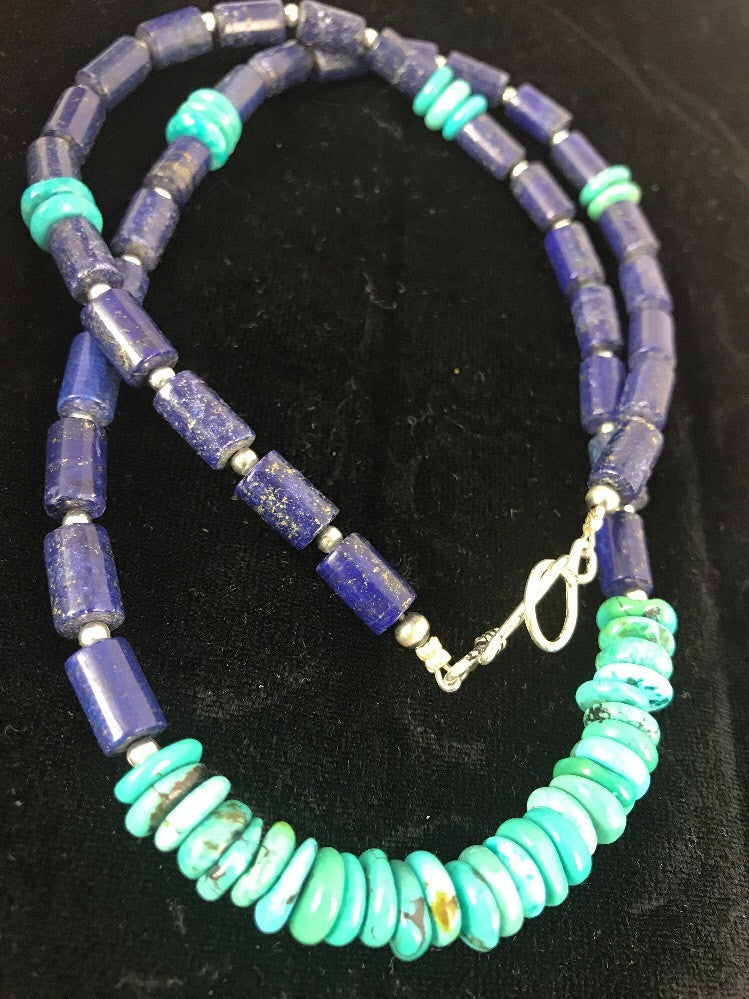 Blue Turquoise Lapis Navajo Pearls Sterling Silver Necklace 23" 03245