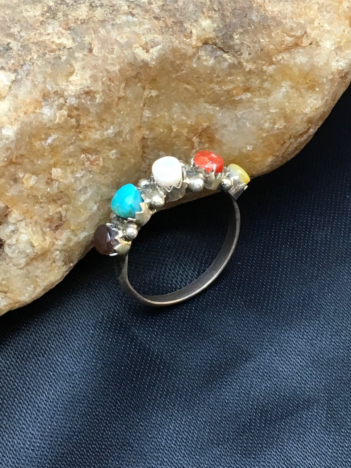 Blue Opal Coral & Turquoise Zuni Sterling Silver Ring Size 6.25 02501