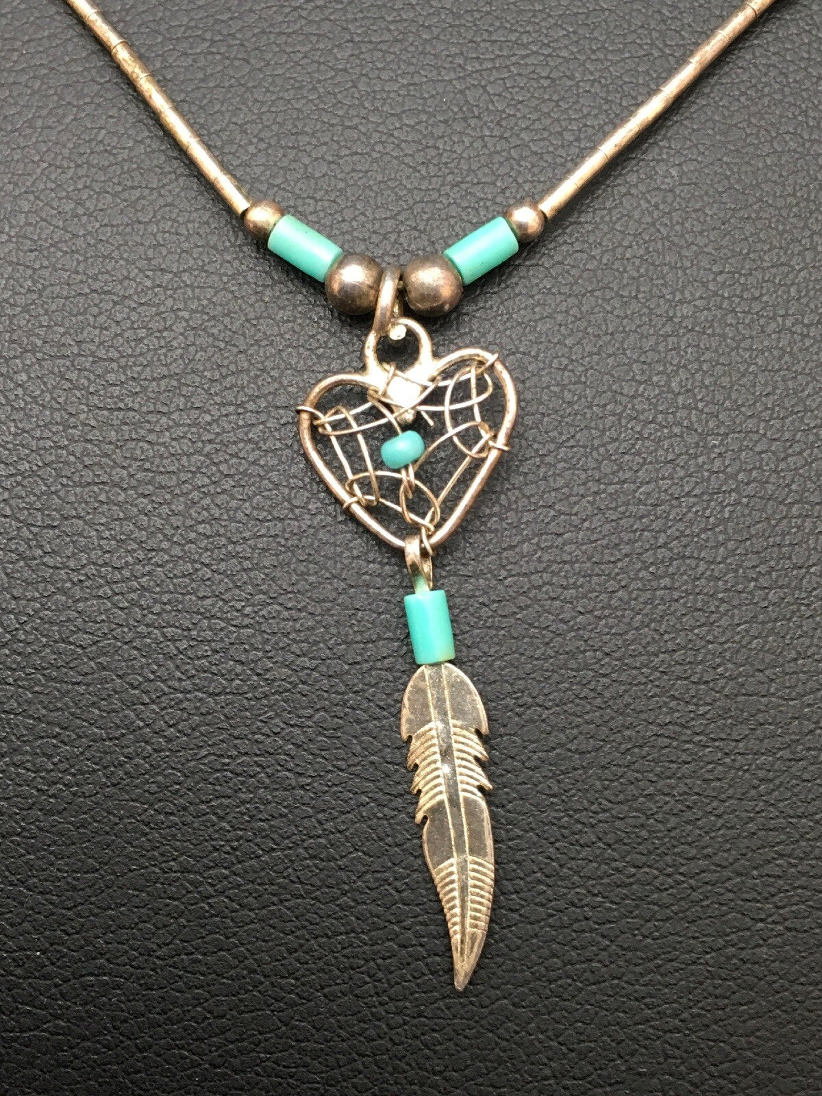 Native Turquoise Feather Pendant Navajo Sterling Silver Necklace 18059