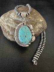 Blue Turquoise #8 Pendant Navajo Pearls Necklace | Sterling Silver | Authentic Native American Handmade | 19388