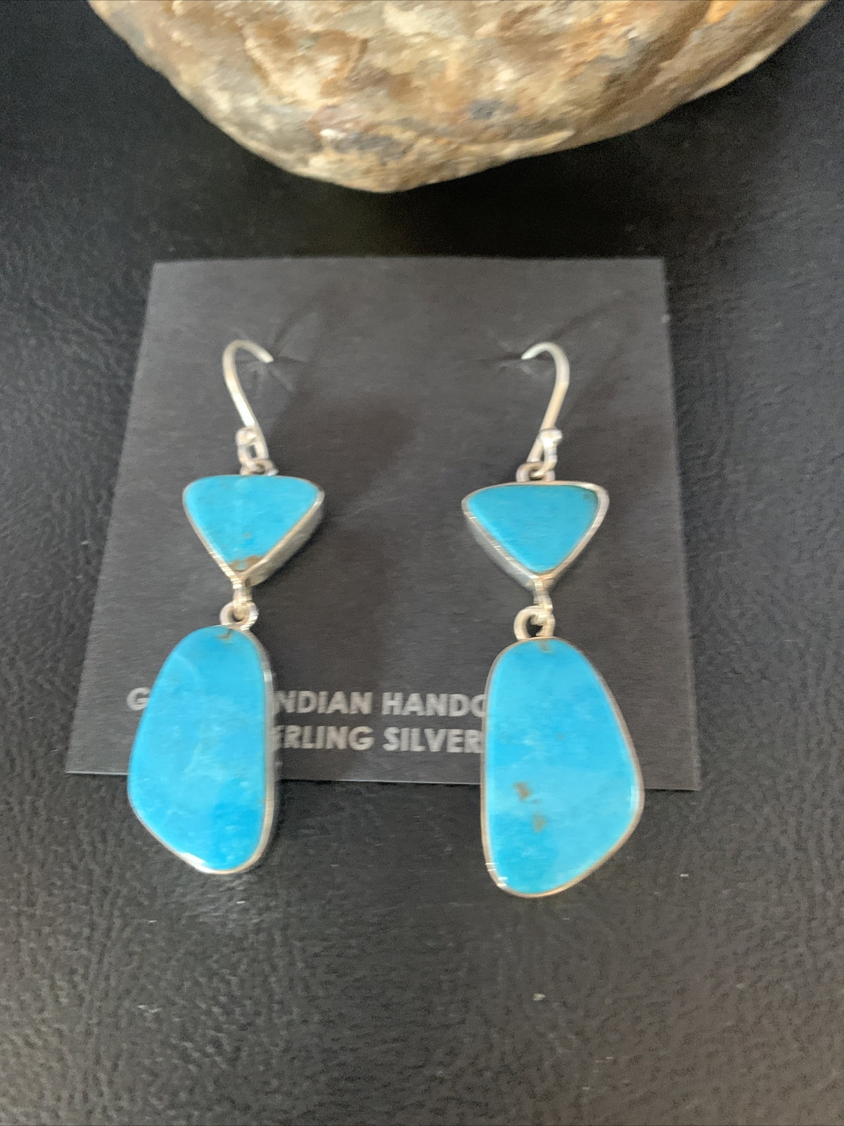 Blue Kingman Turquoise Navajo Sterling Silver Dangle Earrings 14073