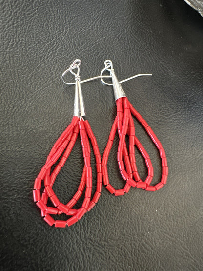 Native Red Coral Heishi 3S Tube Liquid Sterling Silver Dangle Earrings 2" 18198
