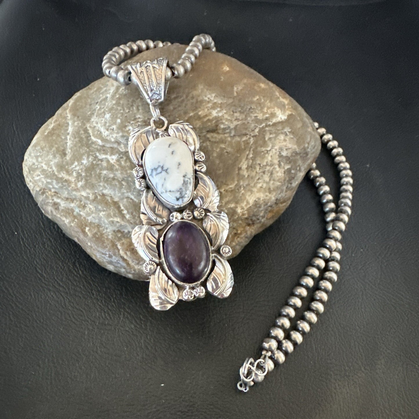 Navajo Sterling Silver White Buffalo Turquoise  Purple Stone Pendant 18035