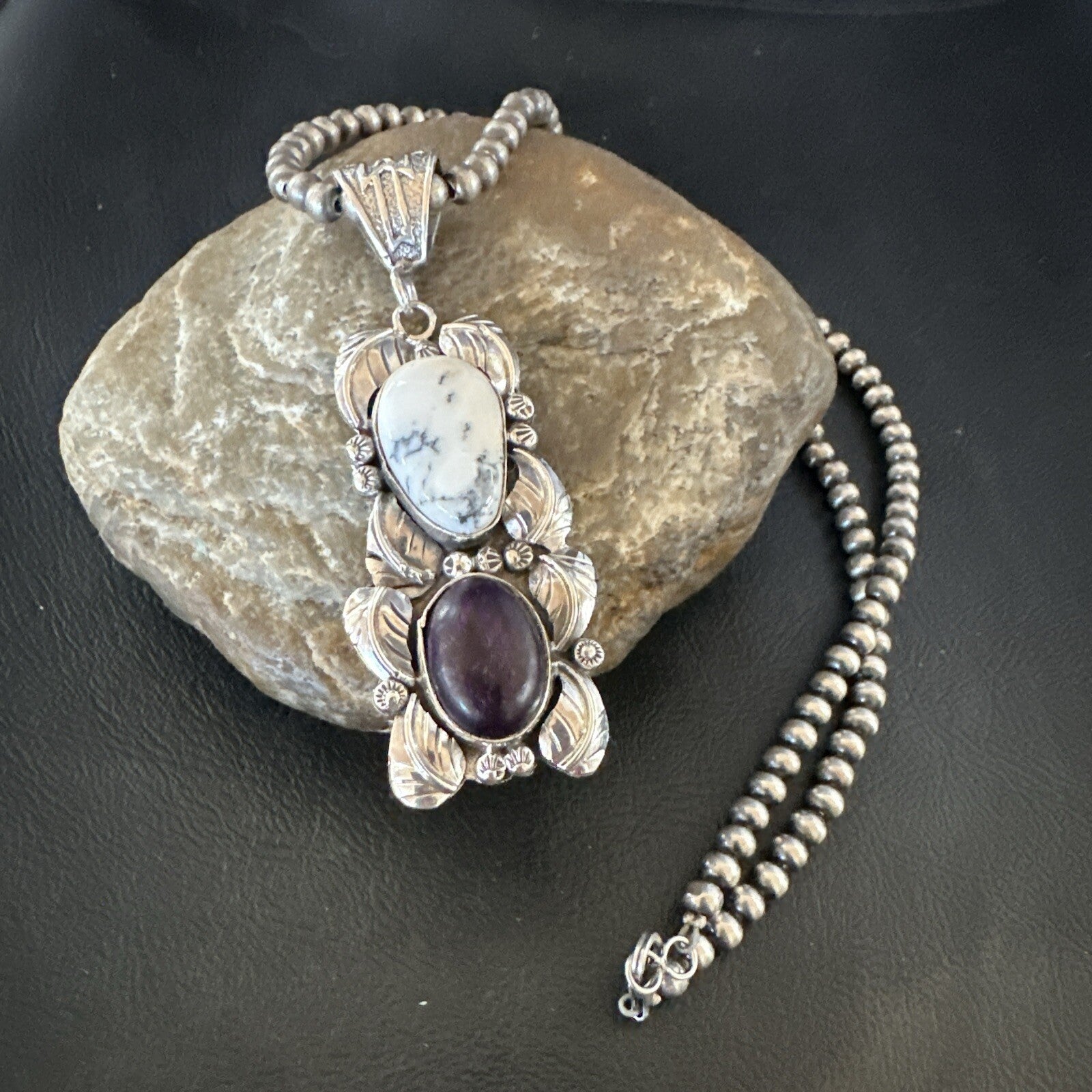 Navajo Sterling Silver White Buffalo Turquoise  Purple Stone Pendant 18035