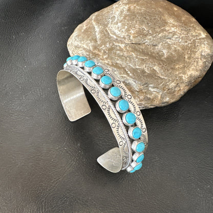Mens Womens Kingman Turquoise Navajo Sterling Silver Cluster Cuff Bracelet 18865