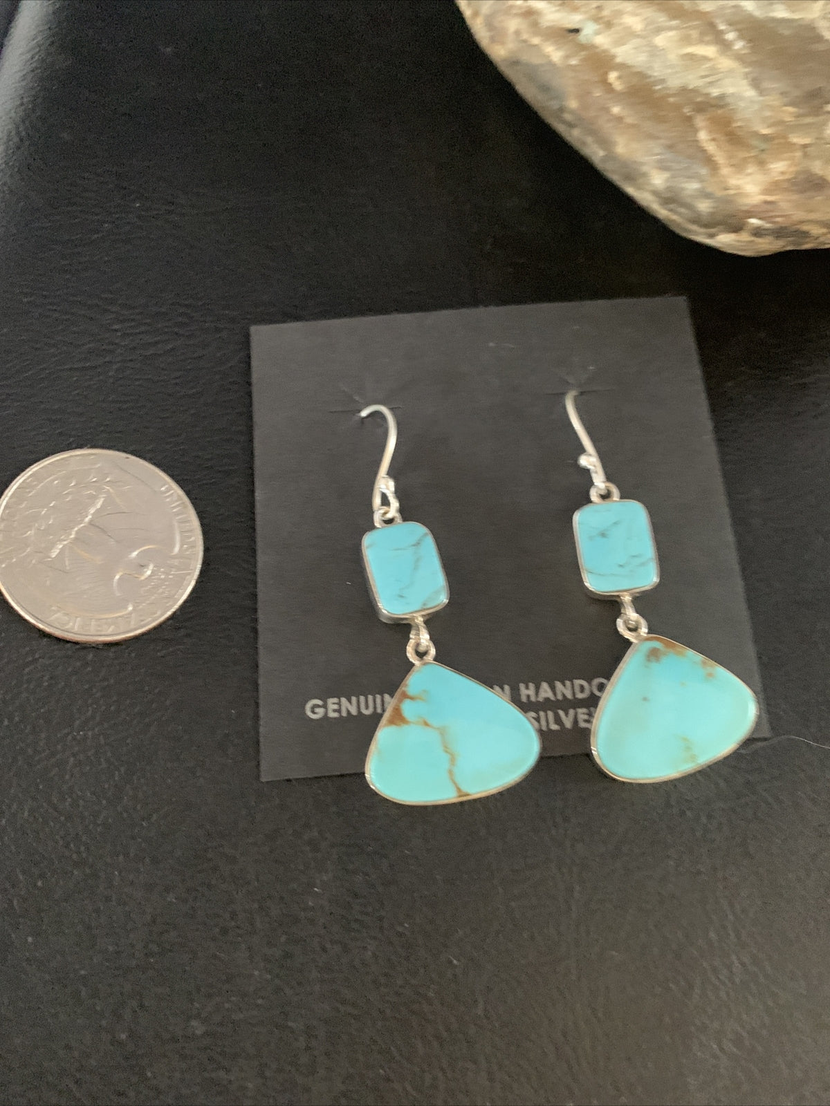 Blue Kingman Turquoise Navajo Sterling Silver Dangle Earrings 1.5" 14076