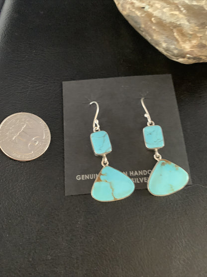 Blue Kingman Turquoise Navajo Sterling Silver Dangle Earrings 1.5" 14076