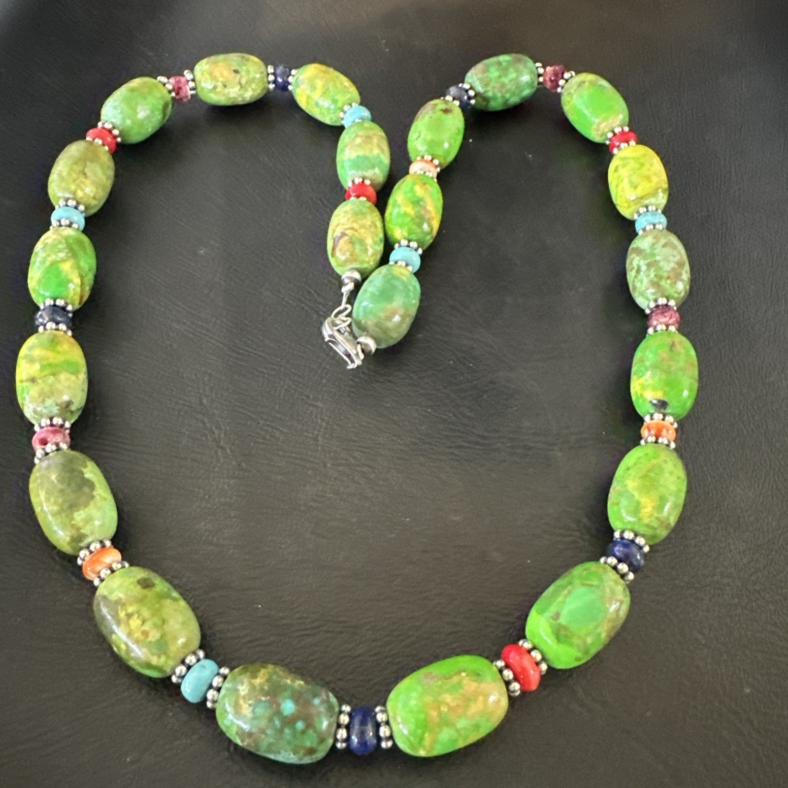 Green Turquoise Multicolor Southwestern Sterling Silver Necklace 22" 19247