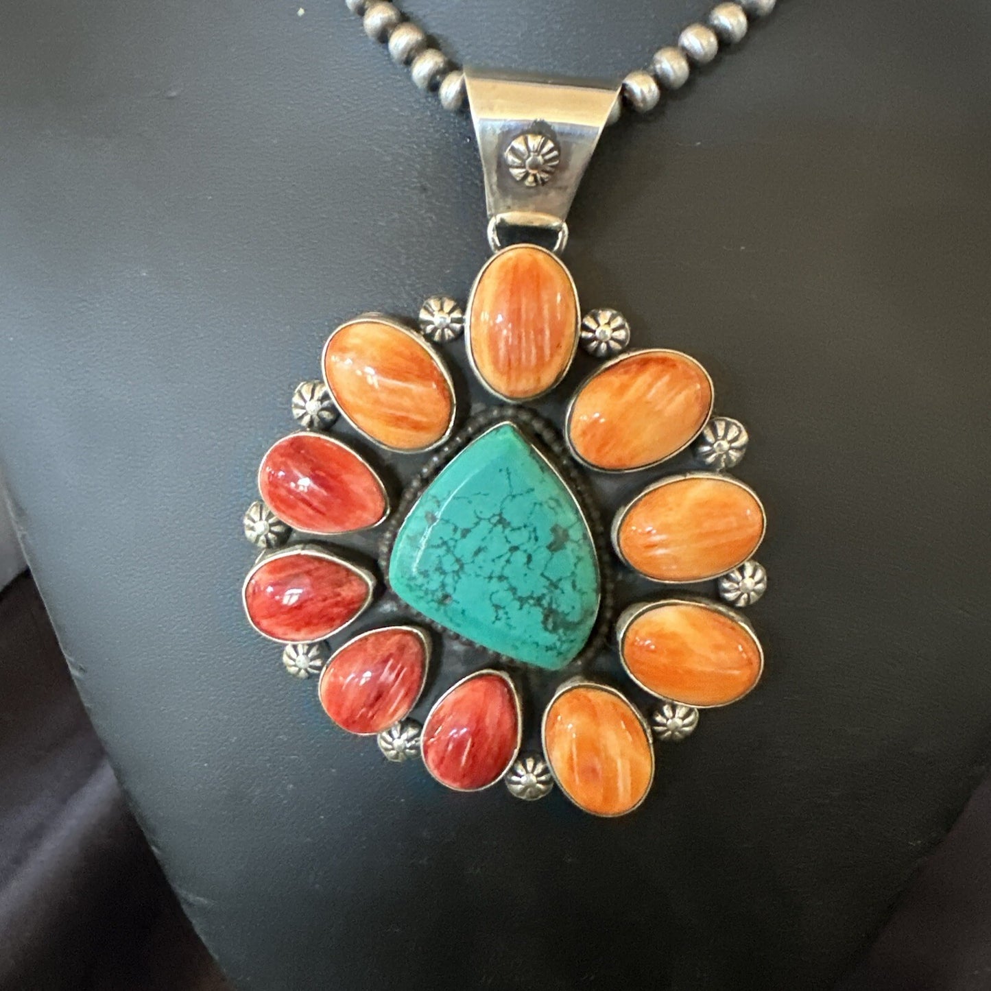XL Turquoise Orange Spiny Cluster Pendant Navajo Sterling Silver Necklace 18400