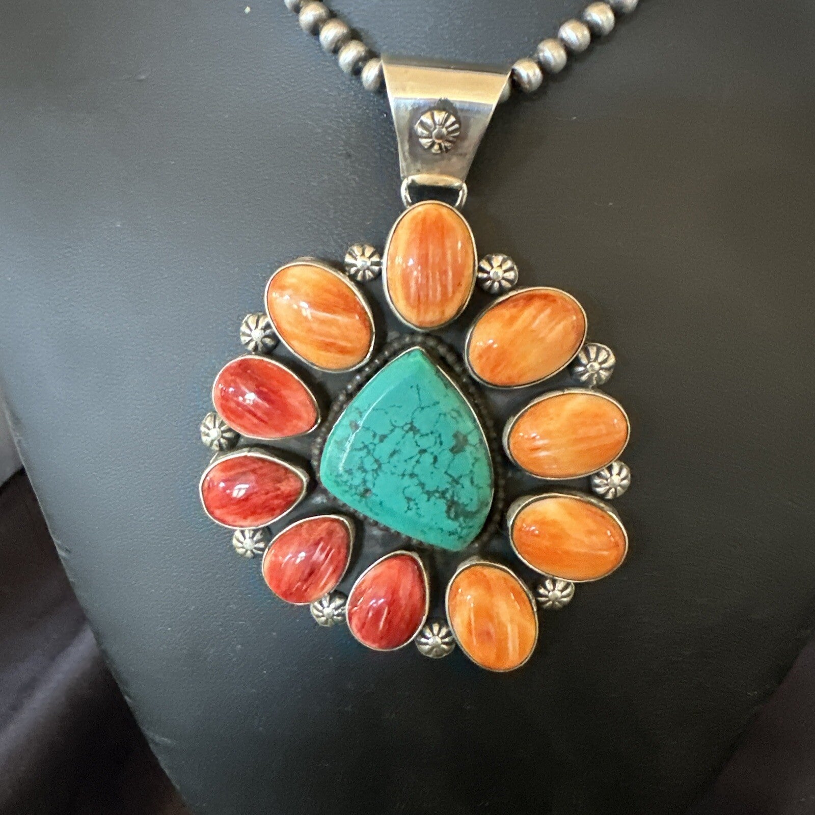 XL Turquoise Orange Spiny Cluster Pendant Navajo Sterling Silver Necklace 18400