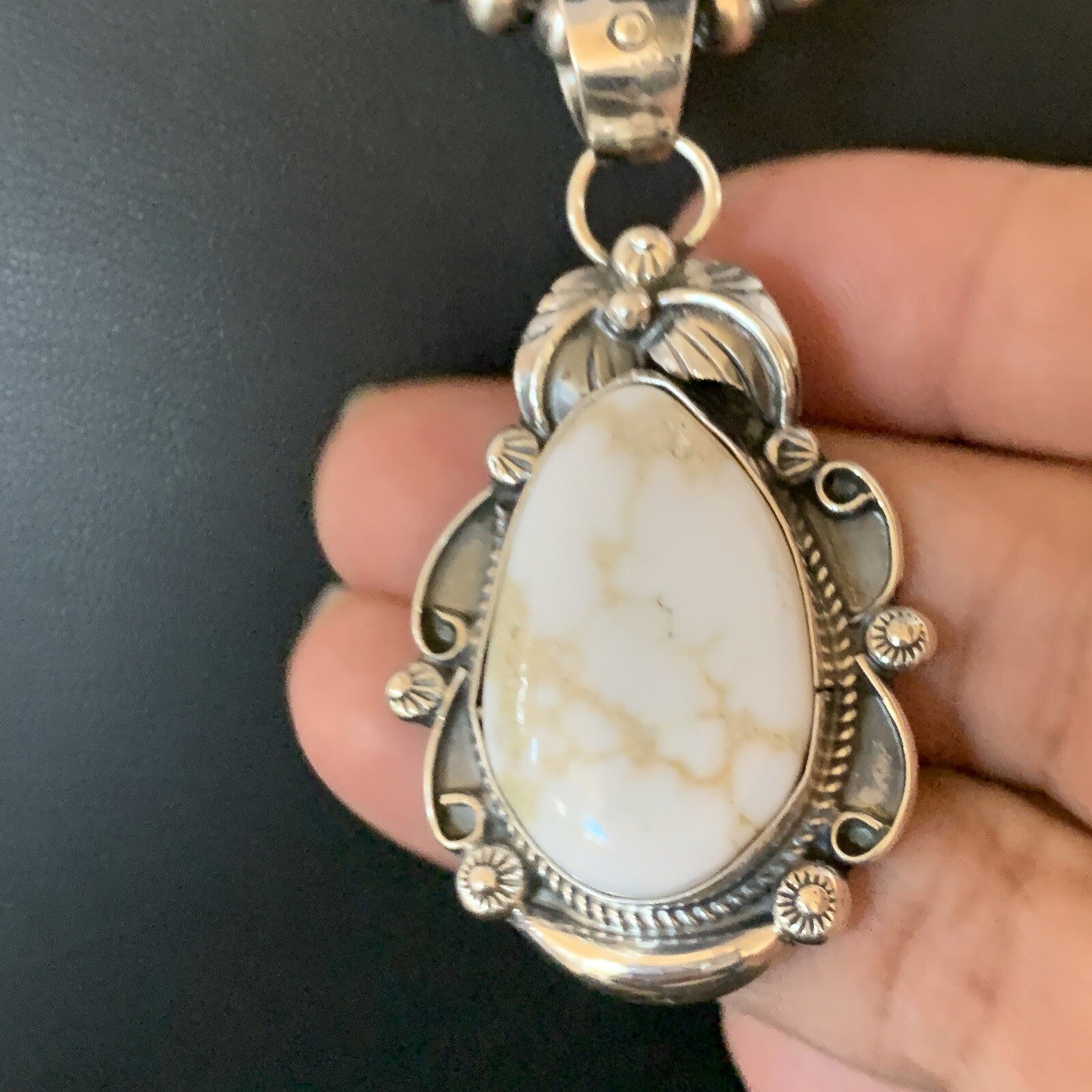 Men White Buffalo Turquoise Pendant Sterling Silver Beads Necklace 12665N