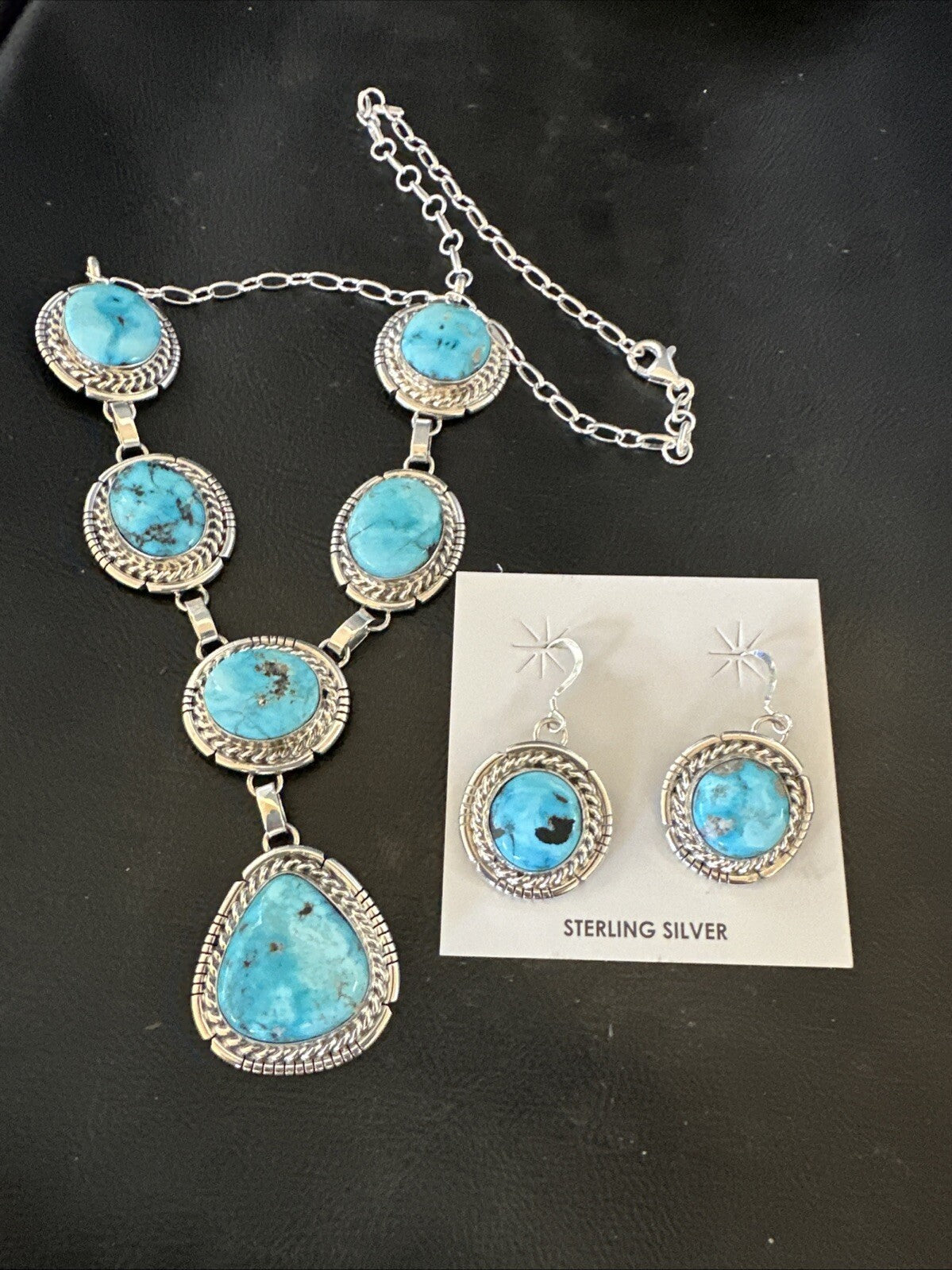 New Women Blue Kingman Turquoise Necklace Earrings Sterling Silver 19” 18620