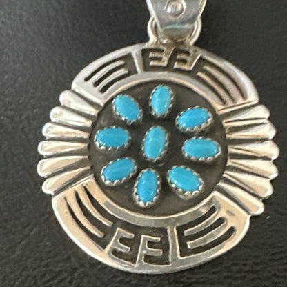 Blue Kingman Turquoise Navajo Sterling Silver Cluster Pendant 2"19285