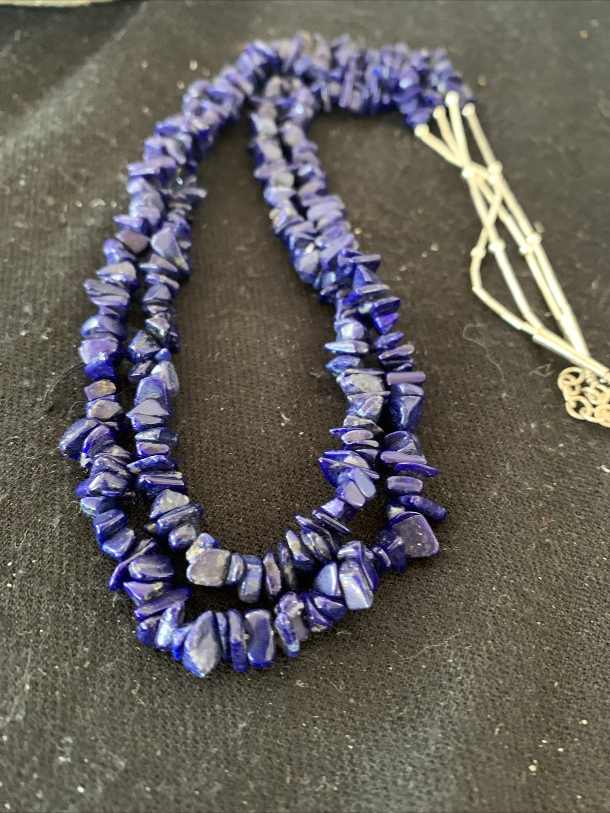 Blue Lapis Bead Liquid Heishi 2 Strands Sterling Silver Tubes Necklace 00853