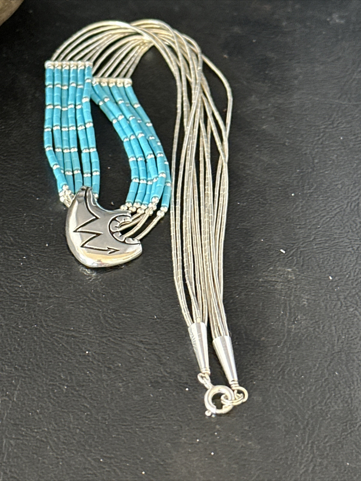 Bear Pendant Turquoise 5 Strand Heishi Liquid Sterling Silver Necklace 14822