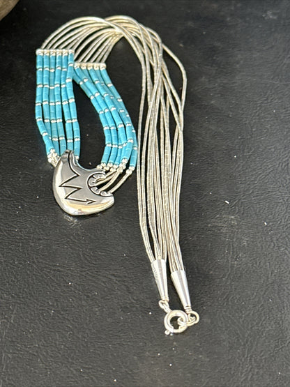 Bear Pendant Turquoise 5 Strand Heishi Liquid Sterling Silver Necklace 14822