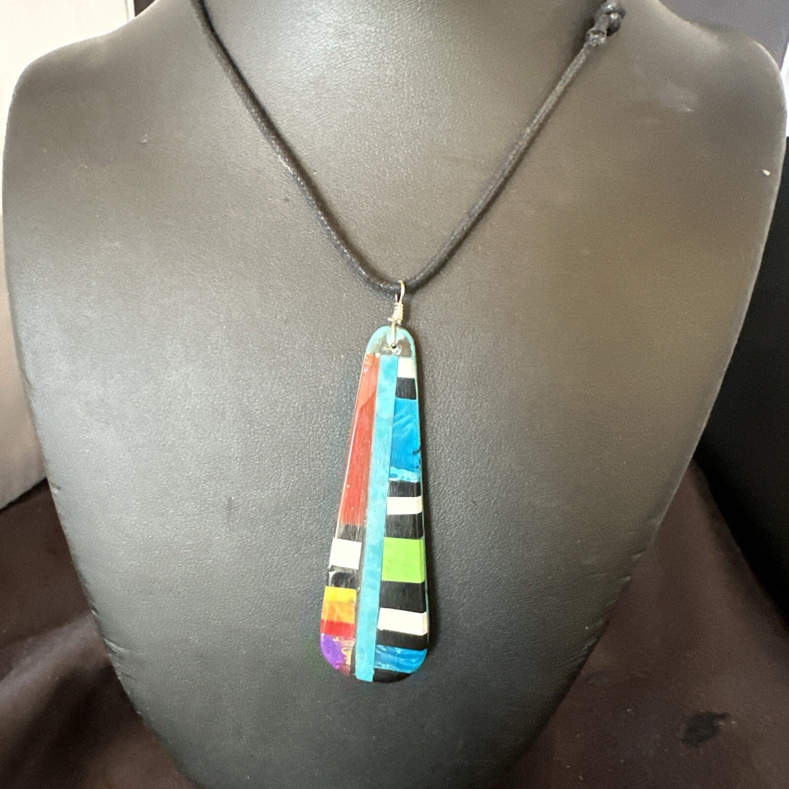 Santo Domingo Turquoise Spiny Adjustable Cord Necklace Inlay Pendant 3” 18476