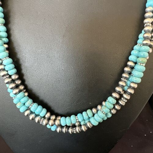 Navajo Pearls Blue Turquoise Necklace 3-Strand Sterling Silver 16305