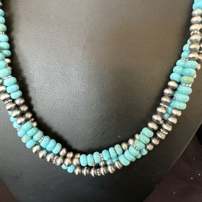 Navajo Pearls Blue Turquoise Necklace 3-Strand Sterling Silver 16305
