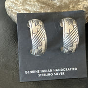 Old Pawn Women's Stamped Design All Hoop Stud Earrings 1" | Sterling Silver | Authentic Native American Handmade | 19093
