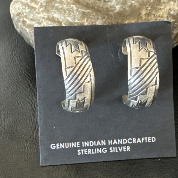 Old Pawn Women's Stamped Design All Hoop Stud Earrings 1" | Sterling Silver | Authentic Native American Handmade | 19093