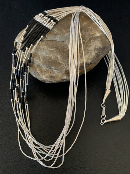 Black Onyx Liquid Silver 10 Strands Heishi Tubes 26" Necklace 13059