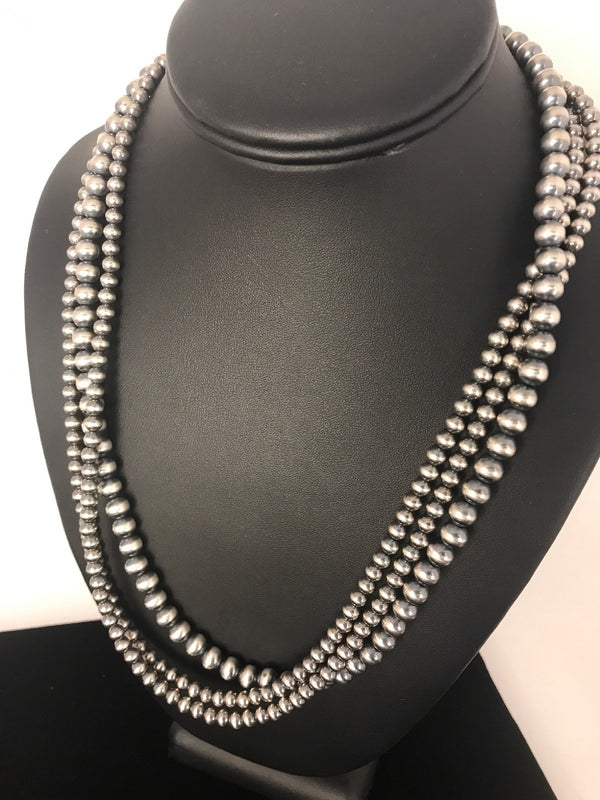 4, 5, 6mm Beads Navajo 3 Strand 18"Necklace | Sterling Silver | Authentic Native American Handmade