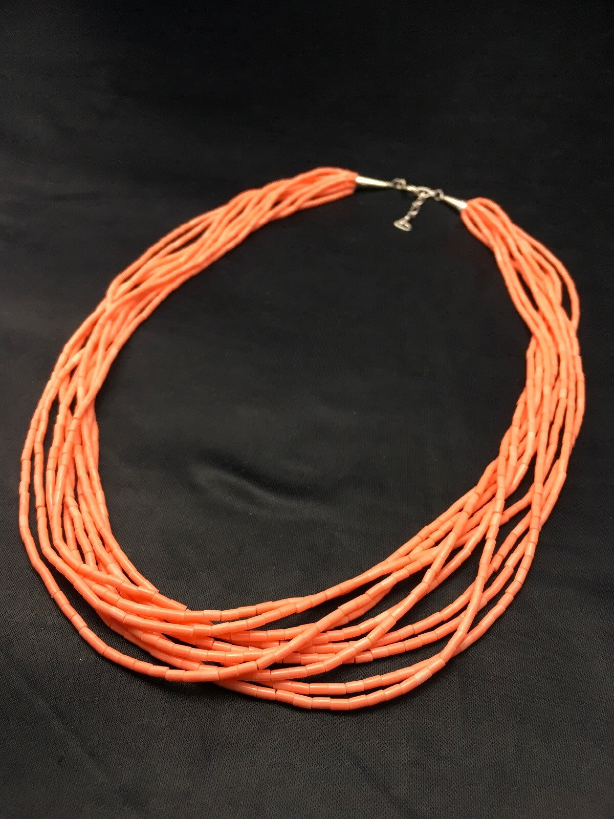 Native American Pink Coral Navajo Sterling Silver Necklace 10 Strand 4388