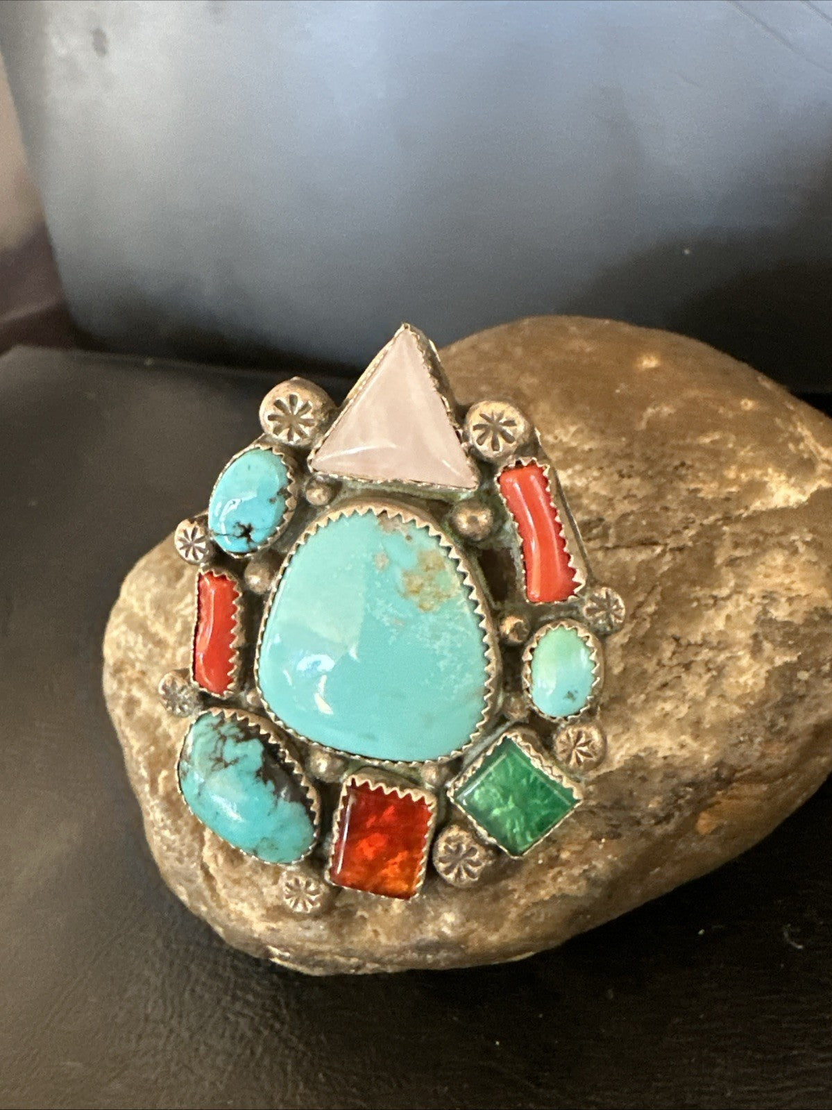 Old Pawn Navajo Blue Turquoise Coral Ring Multi-Stone Cluster Sz 9 19825
