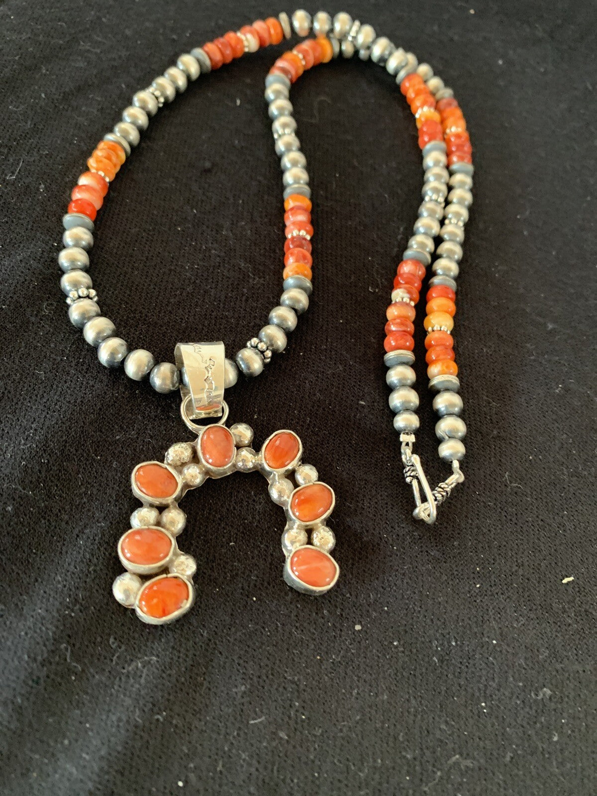 Red Spiny Oyster Naja Pendant Navajo Pearls Sterling Silver Necklace 00284