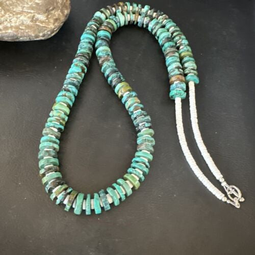 Native Navajo Turquoise Shell Heishi Bead Necklace Sterling 32" 15529