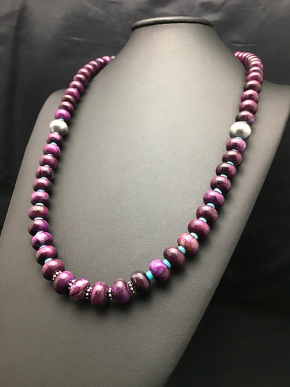 Purple Stone & Turquoise Bead Navajo Indian Sterling Necklace 27" 04061