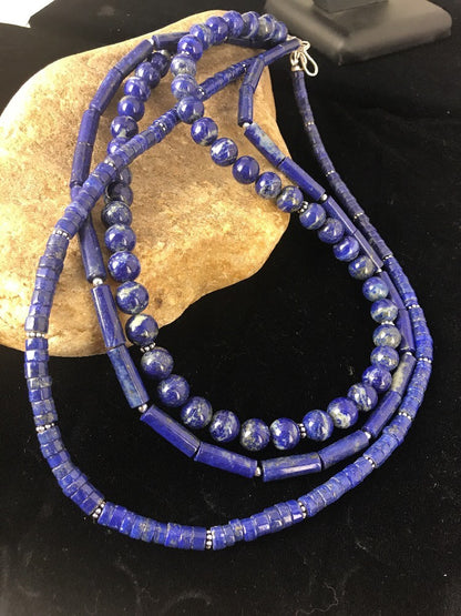 Native Denim Lapis 3 strand Sterling Silver Tube Bead 22" Necklace 3869