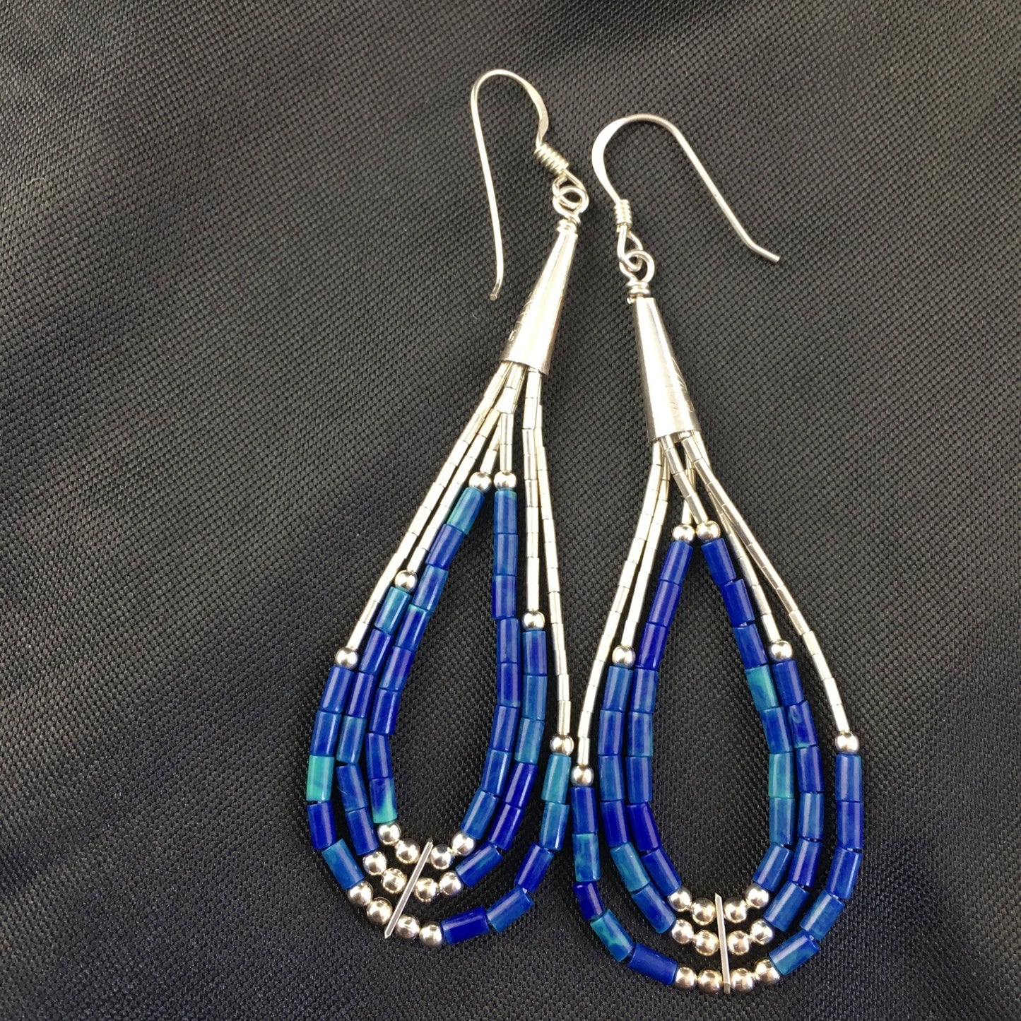 Blue Lapis 3 Strand Heishi Liquid Sterling Silver Dangle Earrings 2013