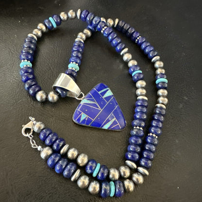 Lapis Opal Inlay Pendant Navajo Pearls Turquoise Sterling Silver Necklace 19182