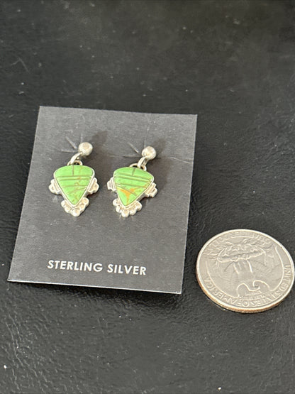 Green Gaspeite Navajo Sterling Silver Inlay 1" Earrings 14779
