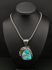 Kingman Turquoise Pendant Navajo Pearls Necklace | Sterling Silver | Authentic Native American Handmade | 04819