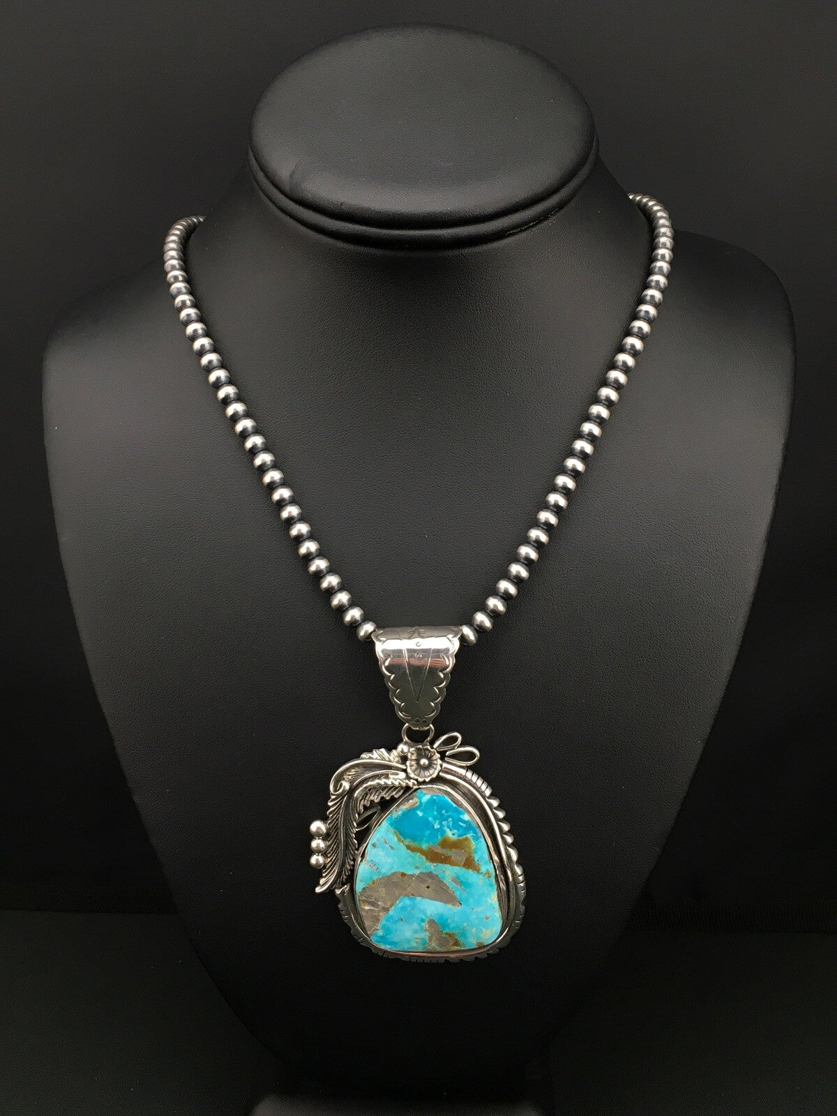 Kingman Turquoise Pendant Navajo Pearls Sterling Silver Necklace 04819