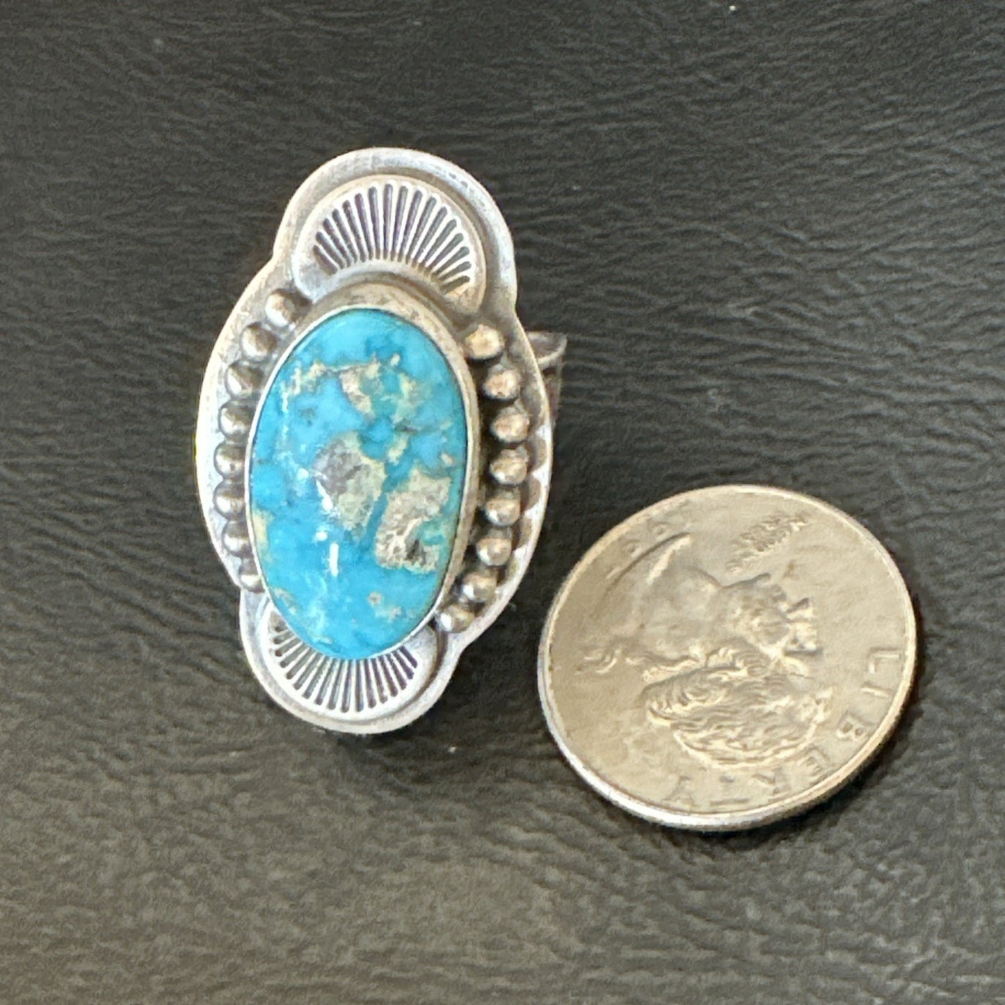 WoMens Blue Kingman Turquoise Navajo Sterling Silver Adjustable Ring Sz 8 19418