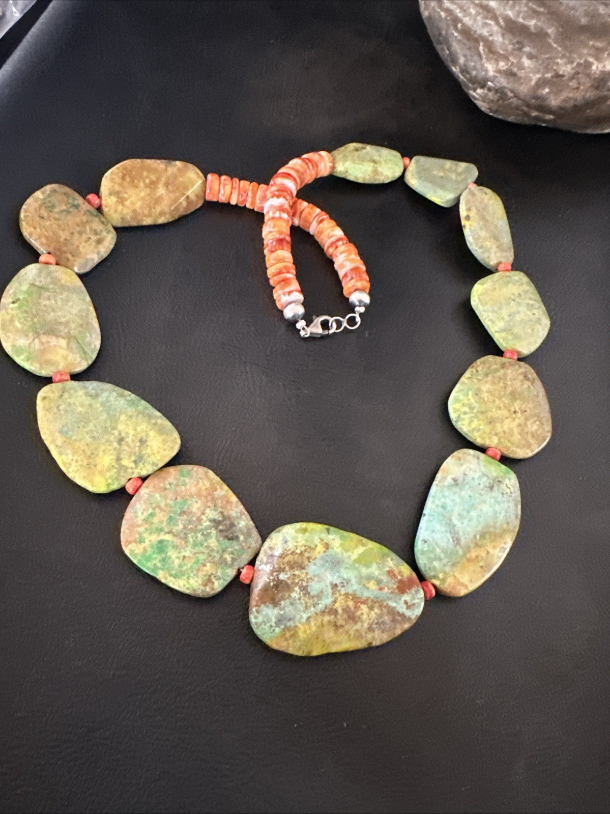 Rare Green Turquoise Orange Spiny Navajo Sterling Silver Necklace 19317