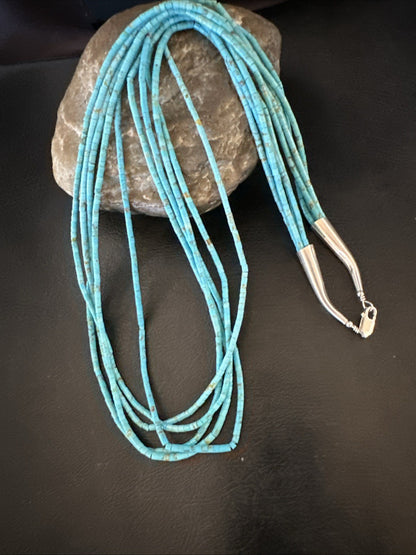 Native Blue Turquoise Heishi 5 Strand Sterling Silver Necklace 24” 19458