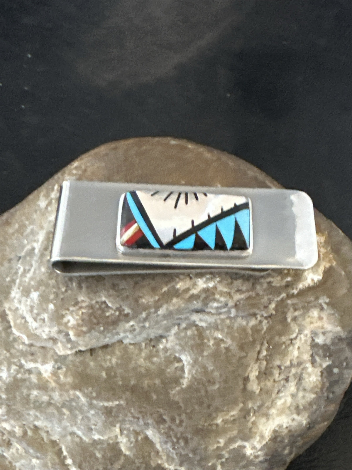 A Zuni Mens Turquoise Spiny Inlay Stainless Sterling Silver Money Clip 17834
